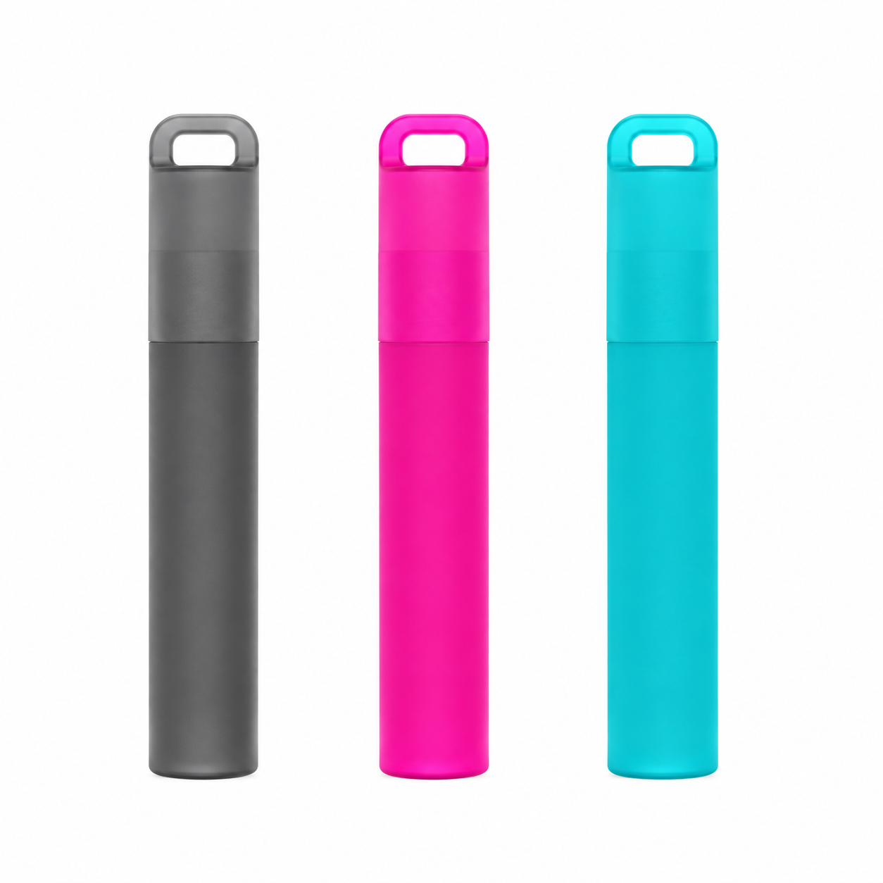 Kids-edition product mockup showing only three closed cases in gray, pink, and turquoise