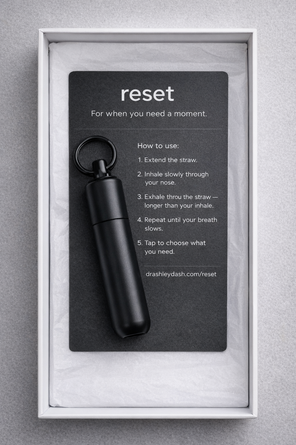 RESET black keychain case and instruction card presented in a white gift box