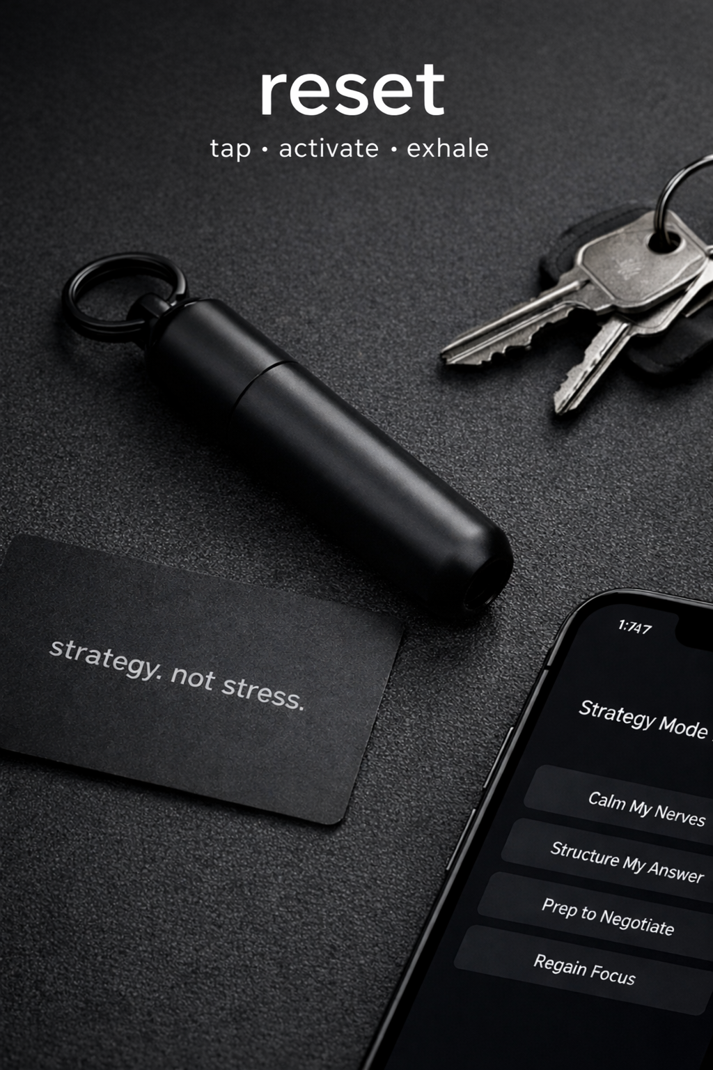 Black RESET keychain case beside keys, a strategy card, and a phone showing guided support